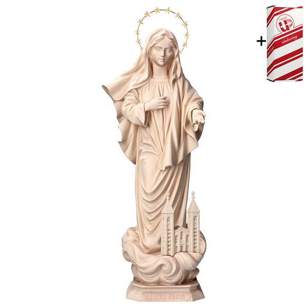 Queen of Peace with church with Halo 12 stars brass + Gift box - Natural