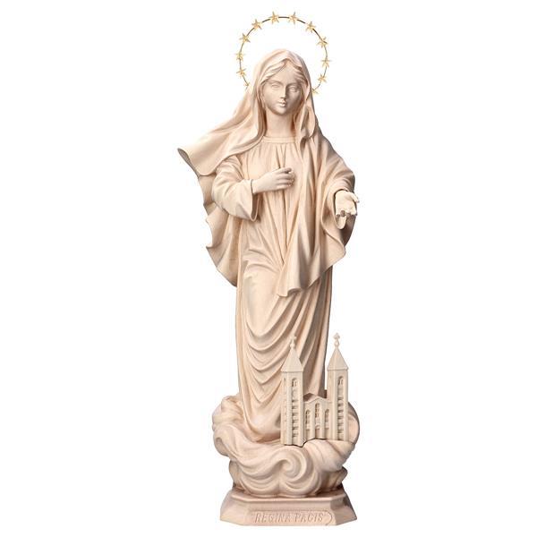 Queen of Peace with church with Halo 12 stars brass Linden wood carved - Natural