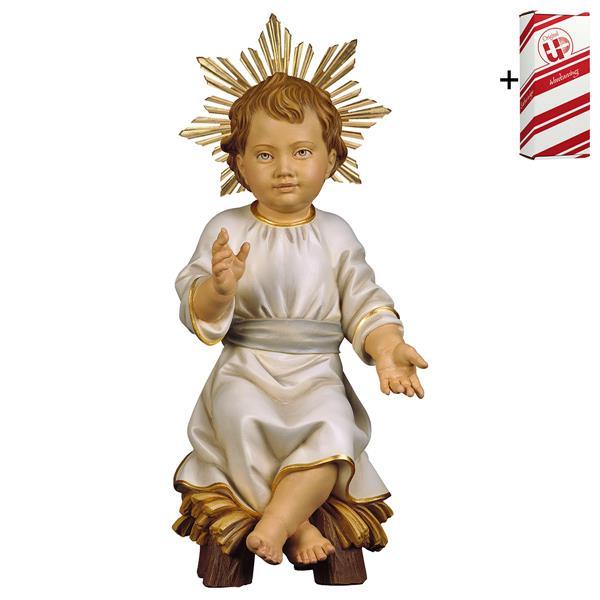 Infant Jesus sitting on manger with Halo + Gift box - Colored