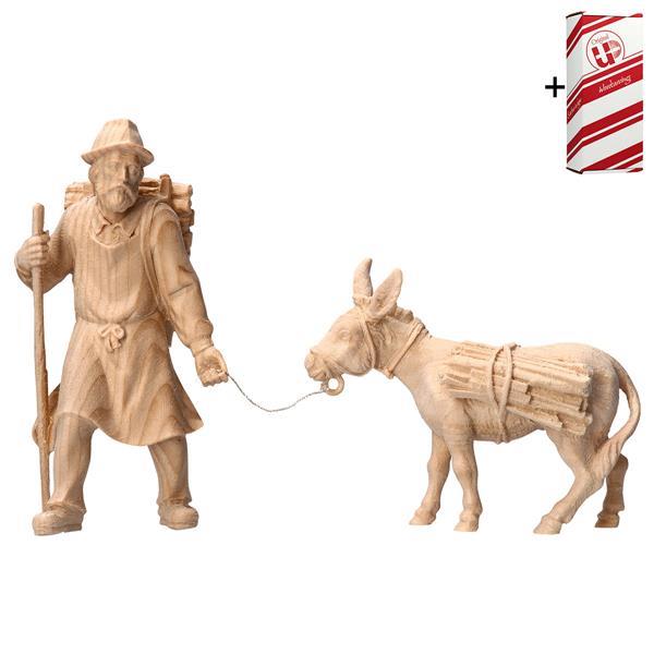 MO Pulling herder with wood with donkey with wood - 2 Pieces + Gift box - Natural-Pine